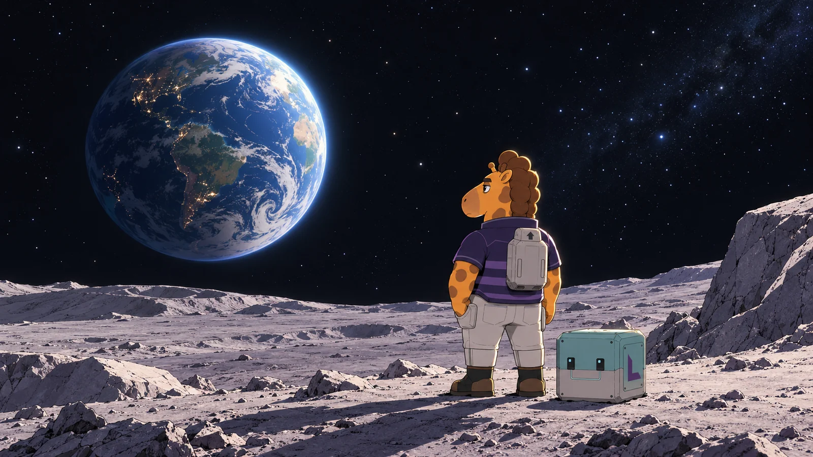 Gerard on the moon, looking at Earth with Lumo docked beside him